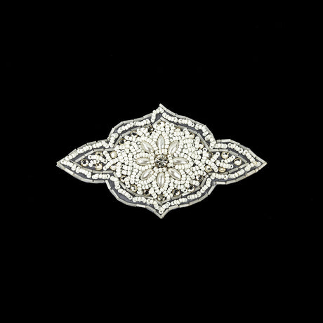 Vintage White Beaded and Rhinestone Floral Diamond Shaped Applique - 5.75" x 2.875"
