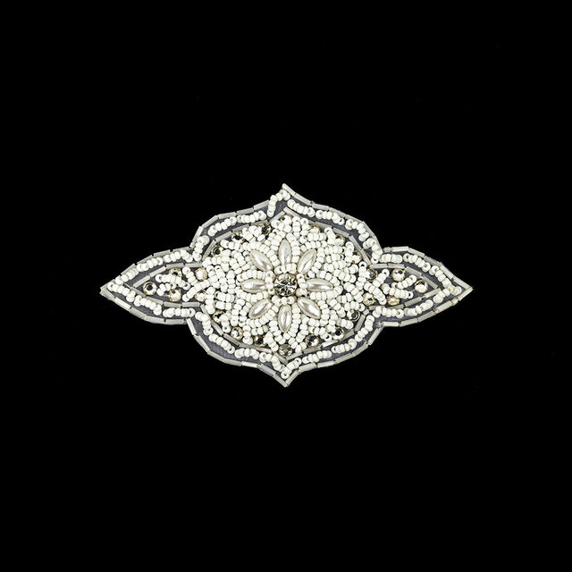 Vintage White Beaded and Rhinestone Floral Diamond Shaped Applique - 5.75" x 2.875"