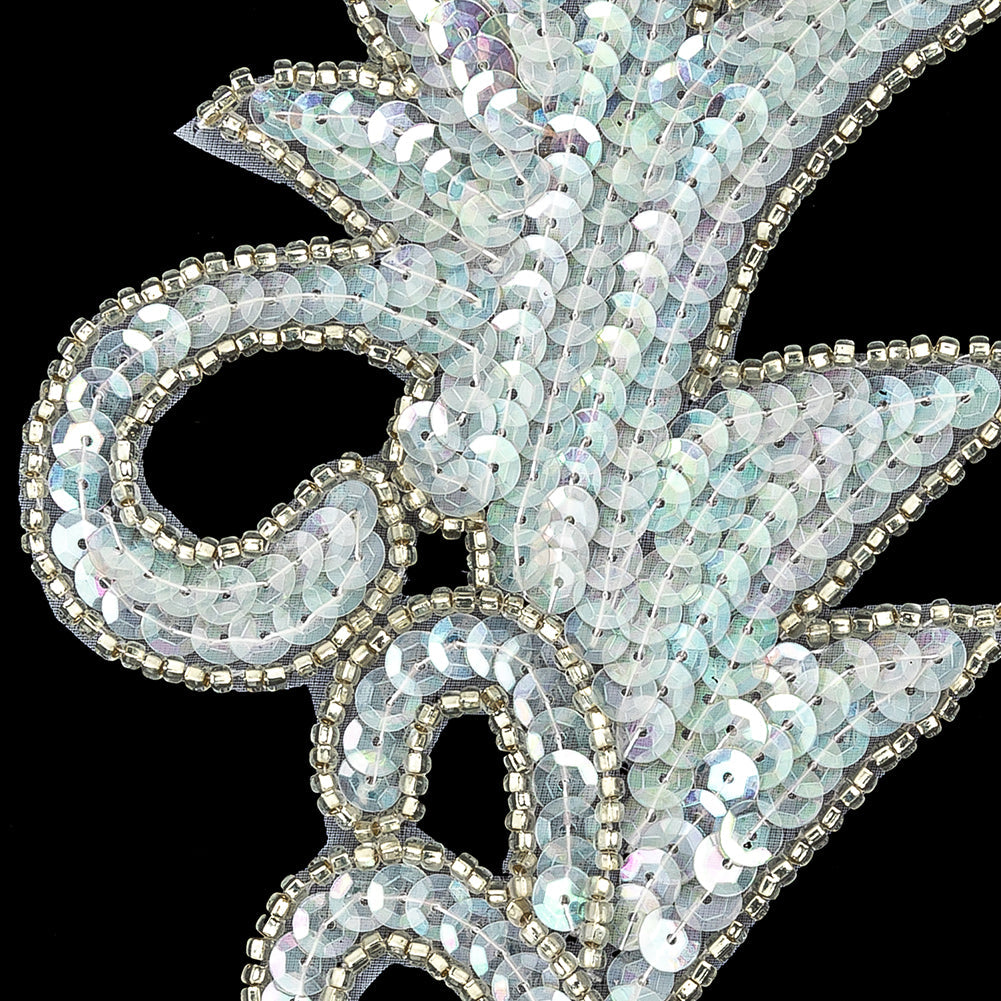 Vintage Crystal Iris Sequins and Silver-lined Beaded Foilage Applique - 7.75" x 3.75"