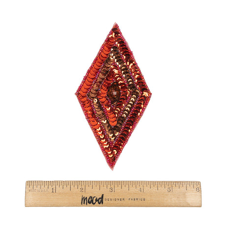 Vintage Red and Bronze Sequins and Iridescent Red Beaded Diamond Applique - 5" x 2.75"