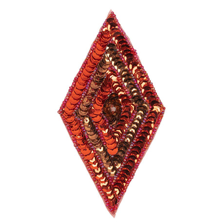 Vintage Red and Bronze Sequins and Iridescent Red Beaded Diamond Applique - 5" x 2.75"