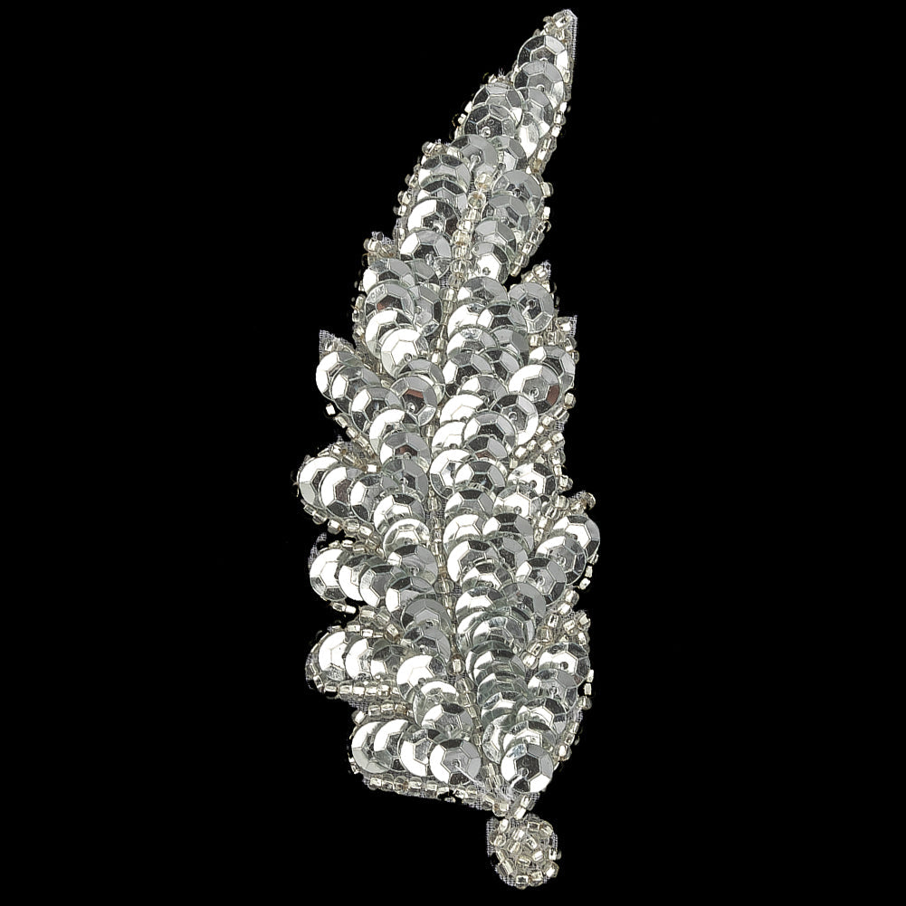 Vintage Silver Sequins and Silver-lined Beaded Leaf Applique - 4" x 1.5"