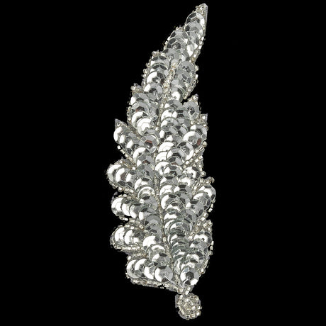 Vintage Silver Sequins and Silver-lined Beaded Leaf Applique - 4" x 1.5"