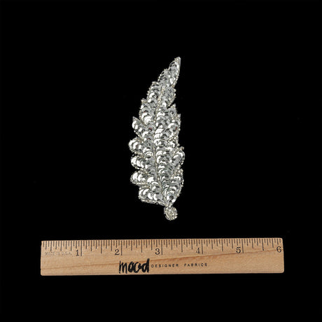 Vintage Silver Sequins and Silver-lined Beaded Leaf Applique - 4" x 1.5"