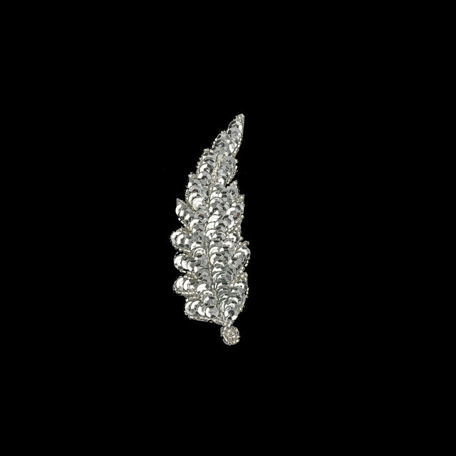 Vintage Silver Sequins and Silver-lined Beaded Leaf Applique - 4" x 1.5"