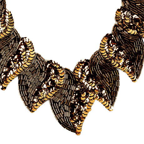 Vintage Fancy Bronze Sequins and Bugle Beaded Neckline Applique - 7.625" X 7.375"