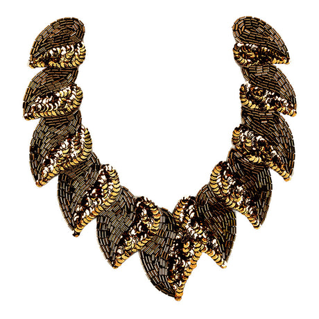 Vintage Fancy Bronze Sequins and Bugle Beaded Neckline Applique - 7.625" X 7.375"