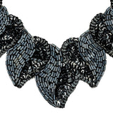 Vintage Fancy Gunmetal Sequins and Bugle Beaded Neckline Applique - 7.625" x 7.75"