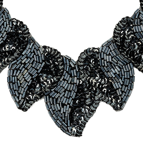 Vintage Fancy Gunmetal Sequins and Bugle Beaded Neckline Applique - 7.625" x 7.75"