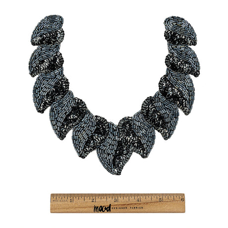 Vintage Fancy Gunmetal Sequins and Bugle Beaded Neckline Applique - 7.625" x 7.75"