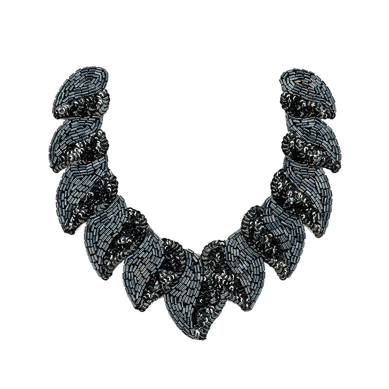 Vintage Fancy Gunmetal Sequins and Bugle Beaded Neckline Applique - 7.625" x 7.75"