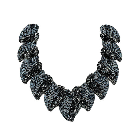 Vintage Fancy Gunmetal Sequins and Bugle Beaded Neckline Applique - 7.625" x 7.75"