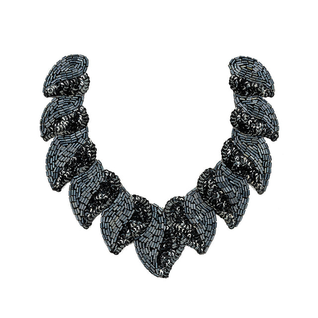 Vintage Fancy Gunmetal Sequins and Bugle Beaded Neckline Applique - 7.625" x 7.75"