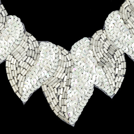 Vintage Fancy White Sequins and Bugle Beaded Neckline Applique - 7.625" x 7.75"