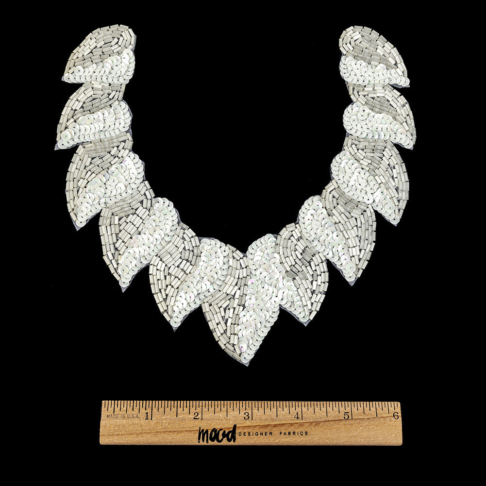 Vintage Fancy White Sequins and Bugle Beaded Neckline Applique - 7.625" x 7.75"