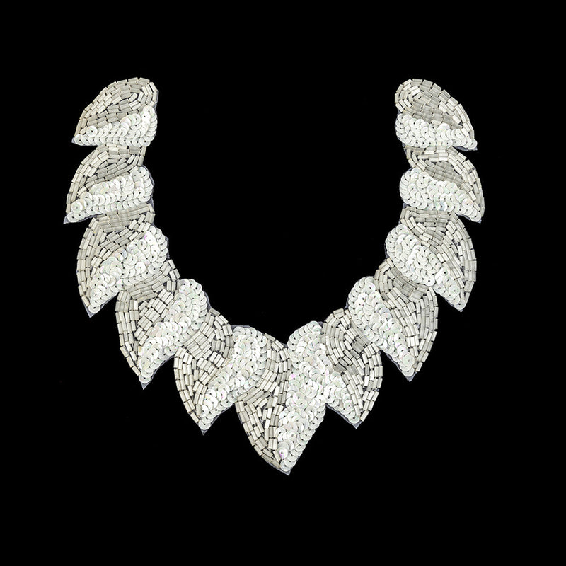 Vintage Fancy White Sequins and Bugle Beaded Neckline Applique - 7.625" x 7.75"