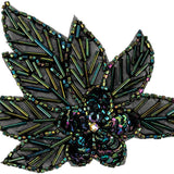 Vintage Green Iris Sequins and Multi-lined Bugle Beaded Floral Applique with Rhinestone Center - 4" x 4.375"