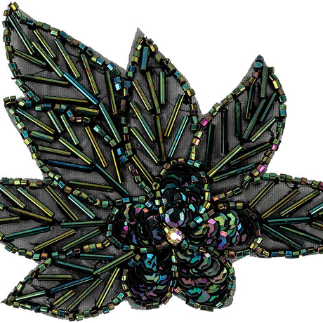 Vintage Green Iris Sequins and Multi-lined Bugle Beaded Floral Applique with Rhinestone Center - 4" x 4.375"