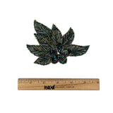 Vintage Green Iris Sequins and Multi-lined Bugle Beaded Floral Applique with Rhinestone Center - 4" x 4.375"