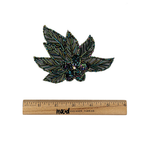 Vintage Green Iris Sequins and Multi-lined Bugle Beaded Floral Applique with Rhinestone Center - 4" x 4.375"