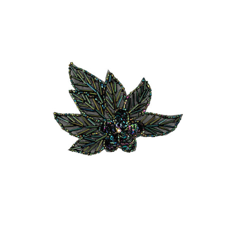 Vintage Green Iris Sequins and Multi-lined Bugle Beaded Floral Applique with Rhinestone Center - 4" x 4.375"