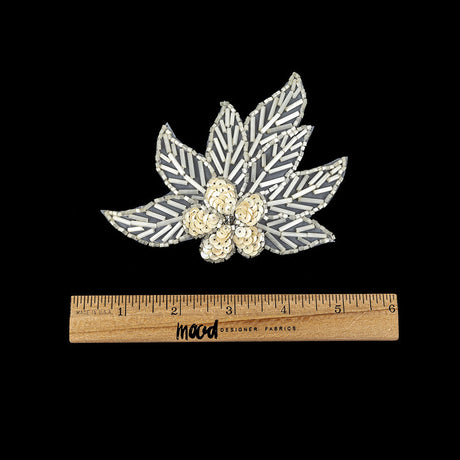 Vintage White Iris Sequins and Translucent White Bugle Beaded Floral Applique with Rhinestone Center - 4" x 4.375"