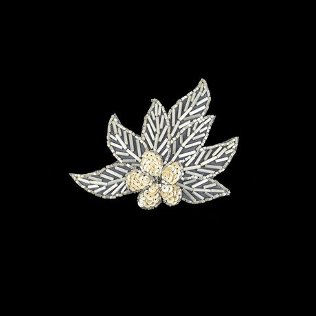 Vintage White Iris Sequins and Translucent White Bugle Beaded Floral Applique with Rhinestone Center - 4" x 4.375"