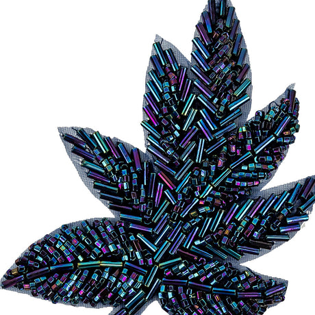 Vintage Blue Iris Beaded Leaf Applique - 4" x 3.25"