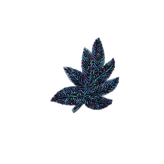 Vintage Blue Iris Beaded Leaf Applique - 4" x 3.25"