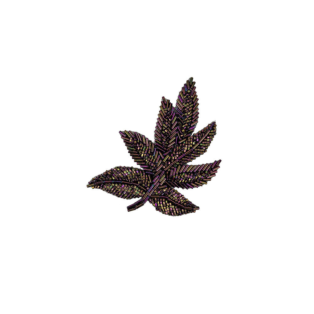 Vintage Purple Iris Beaded Leaf Applique - 4" x 3.25"