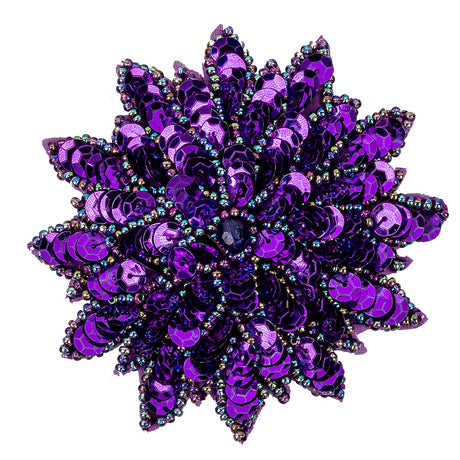 Vintage Purple Sequins and Oil Slick Iridescent Beaded Flower Applique - 3" x 3"