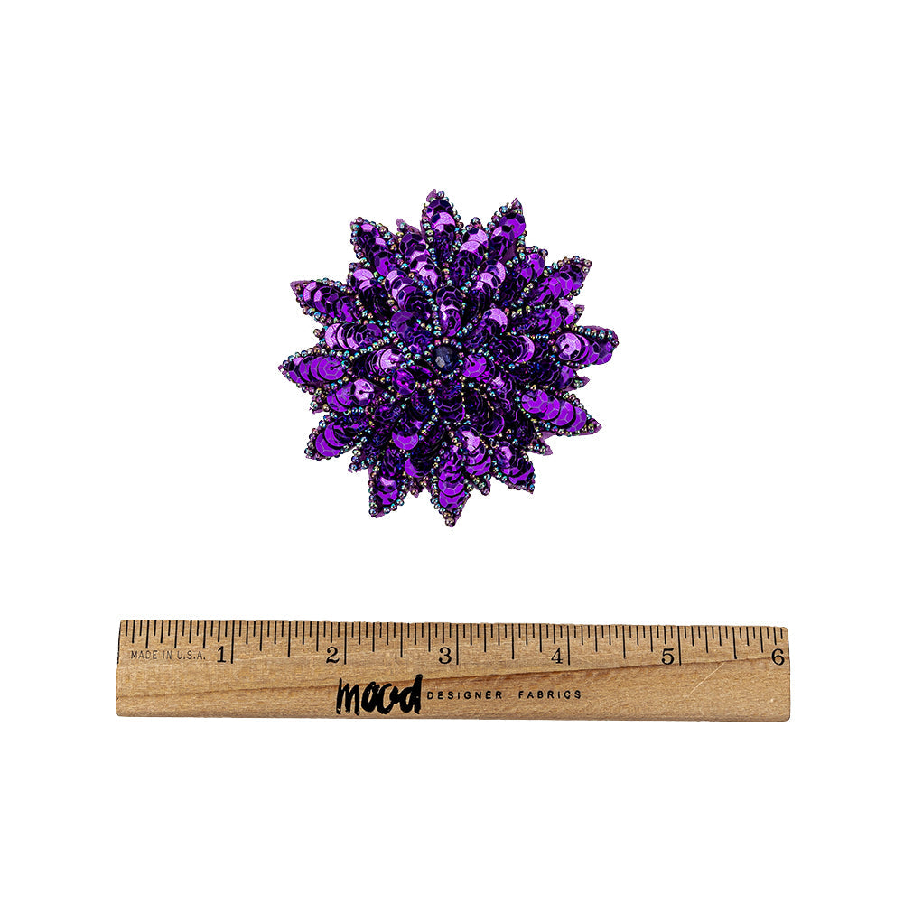 Vintage Purple Sequins and Oil Slick Iridescent Beaded Flower Applique - 3" x 3"