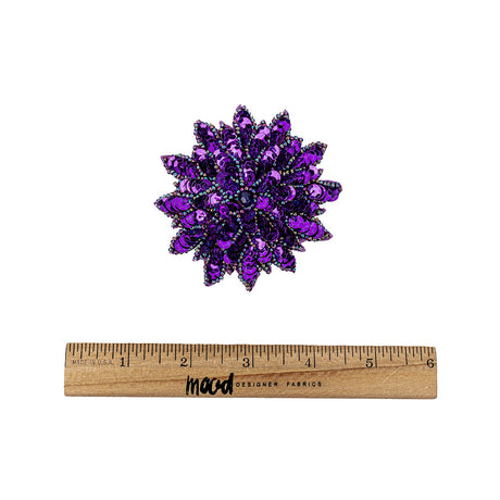 Vintage Purple Sequins and Oil Slick Iridescent Beaded Flower Applique - 3" x 3"