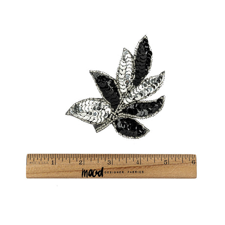 Vintage Black and Silver Sequins and Silver-lined Beaded Leaf Applique - 4" X 3"