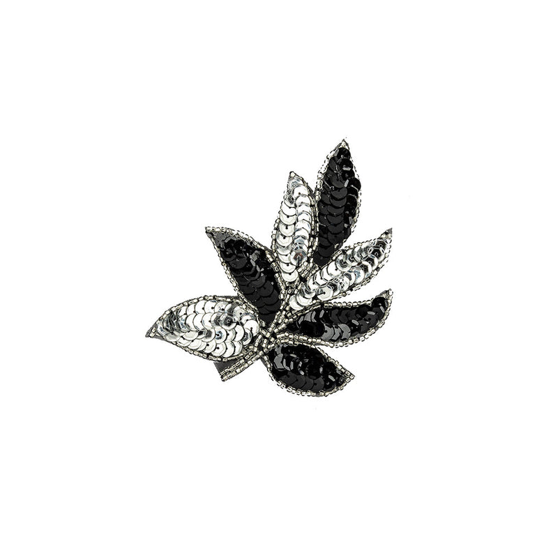 Vintage Black and Silver Sequins and Silver-lined Beaded Leaf Applique - 4" X 3"