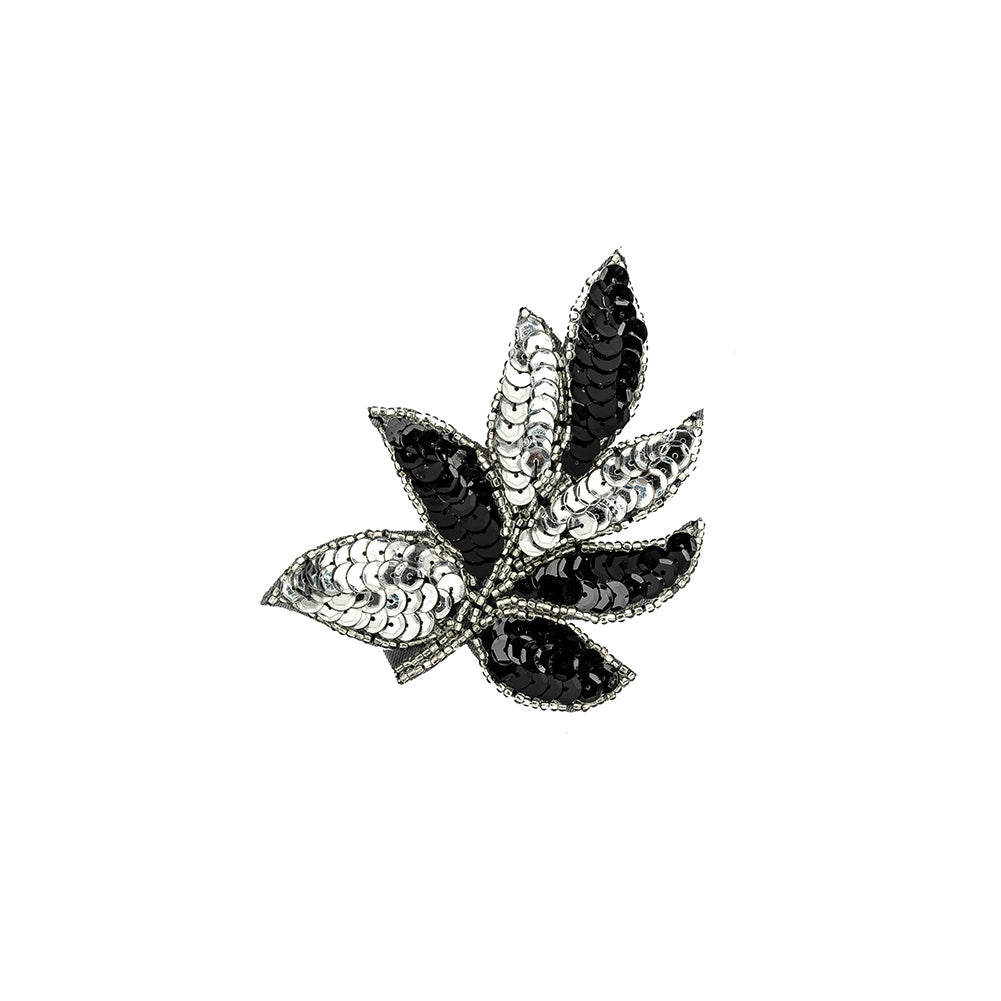 Vintage Black and Silver Sequins and Silver-lined Beaded Leaf Applique - 4" X 3"