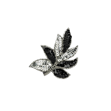 Vintage Black and Silver Sequins and Silver-lined Beaded Leaf Applique - 4" X 3"
