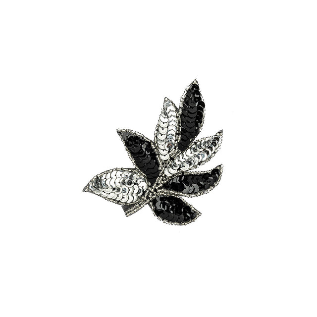 Vintage Black and Silver Sequins and Silver-lined Beaded Leaf Applique - 4" X 3"