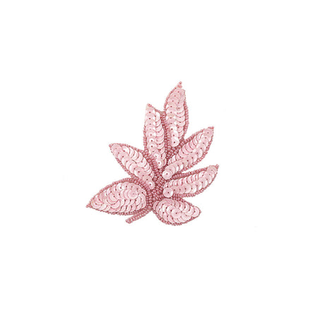 Vintage Pink Sequins and Pink-lined Beaded Leaf Applique - 4" X 3"