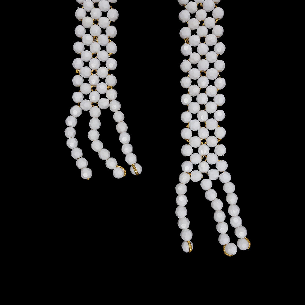 Vintage White and Gold Beaded Belt with Fringe Ends - 52.5" x 1.25"