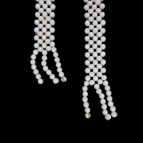 Vintage White and Gold Beaded Belt with Fringe Ends - 52.5" x 1.25"