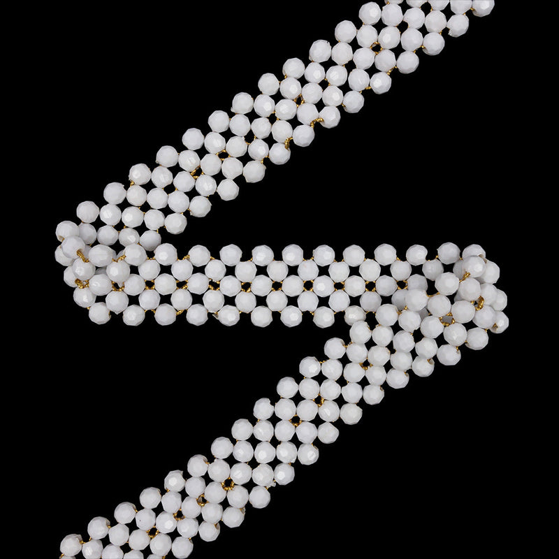 Vintage White and Gold Beaded Belt with Fringe Ends - 52.5" x 1.25"