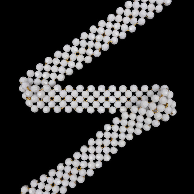 Vintage White and Gold Beaded Belt with Fringe Ends - 52.5" x 1.25"