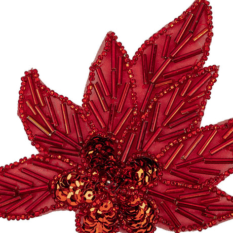 Vintage Red Sequins and Red-lined Bugle Beaded Floral Applique with Rhinestone Center - 4" x 4.375"