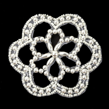 Vintage Iridescent White and Pearl Beaded Floral Applique - 3"