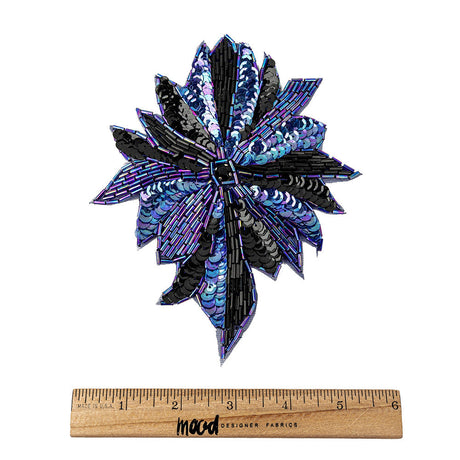 Vintage Iridescent Blue and Black Sequins and Beaded Floral Applique with Jet Rhinestone Core - 6.5" x 5.5"