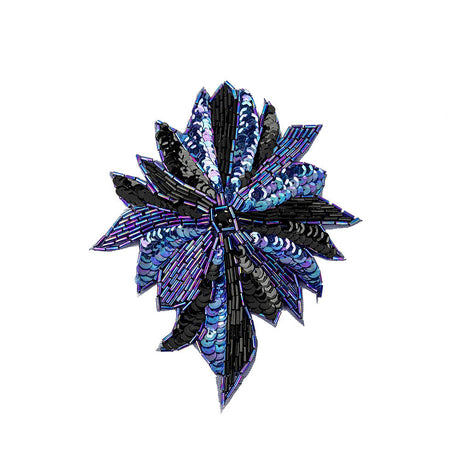 Vintage Iridescent Blue and Black Sequins and Beaded Floral Applique with Jet Rhinestone Core - 6.5" x 5.5"