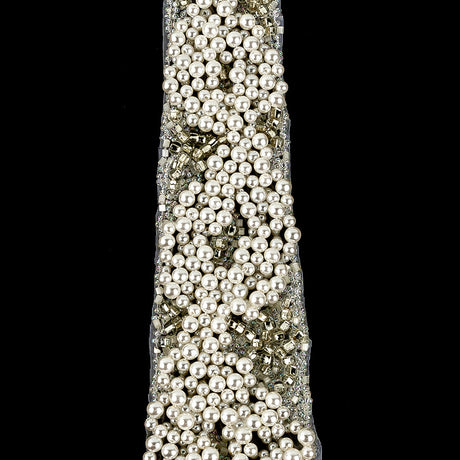 Vintage Fancy Pearl, Silver-lined and White Iris Beaded Tie Applique - 10.375" x 2"