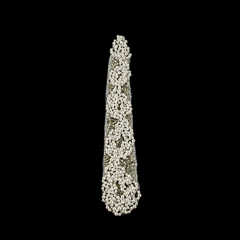 Vintage Fancy Pearl, Silver-lined and White Iris Beaded Tie Applique - 10.375" x 2"