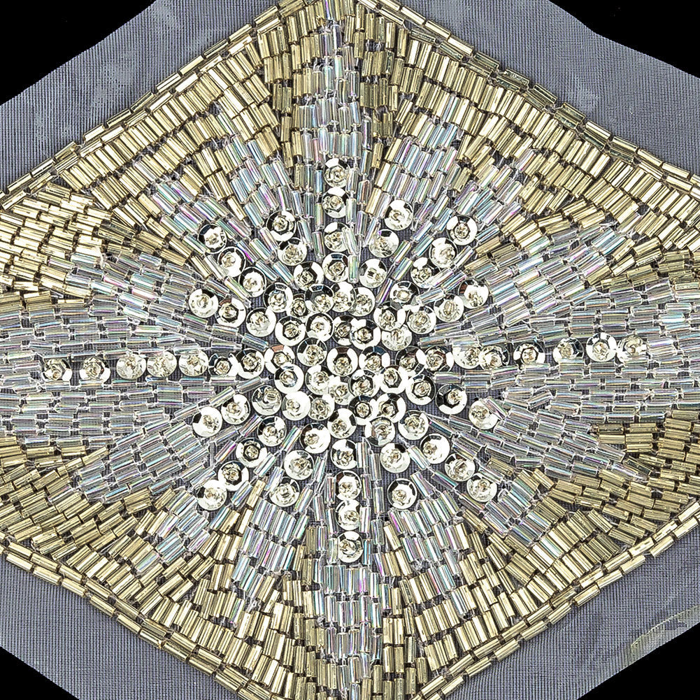 Vintage Silver Sequins, Crystal Iris and Silver-lined Beaded Diamond Applique - 8.25" x 5.5"